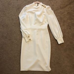 Off-white Eliza J dress with gold buttons on sleeves and collar. Size 6.